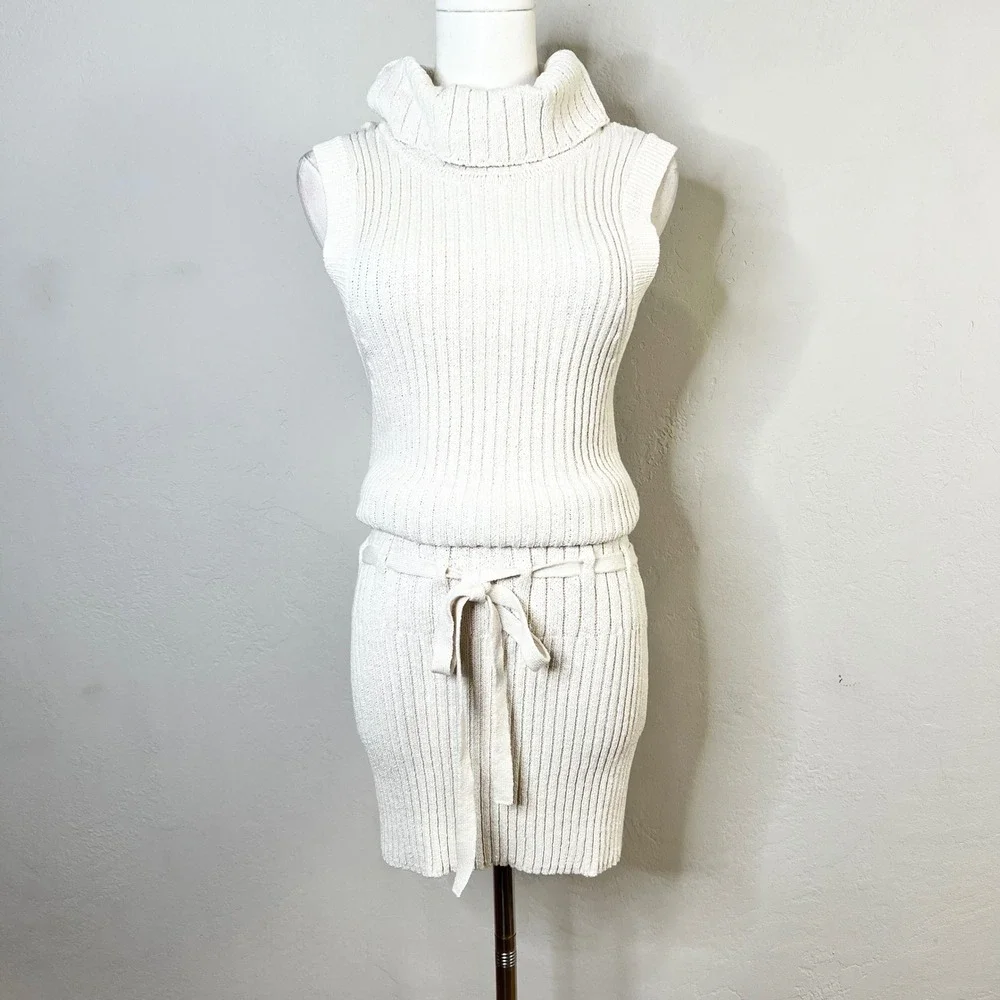 Free People Beach Silvia Cream Knit‎ Sleeveless Turtleneck Mini Dress Large NWT